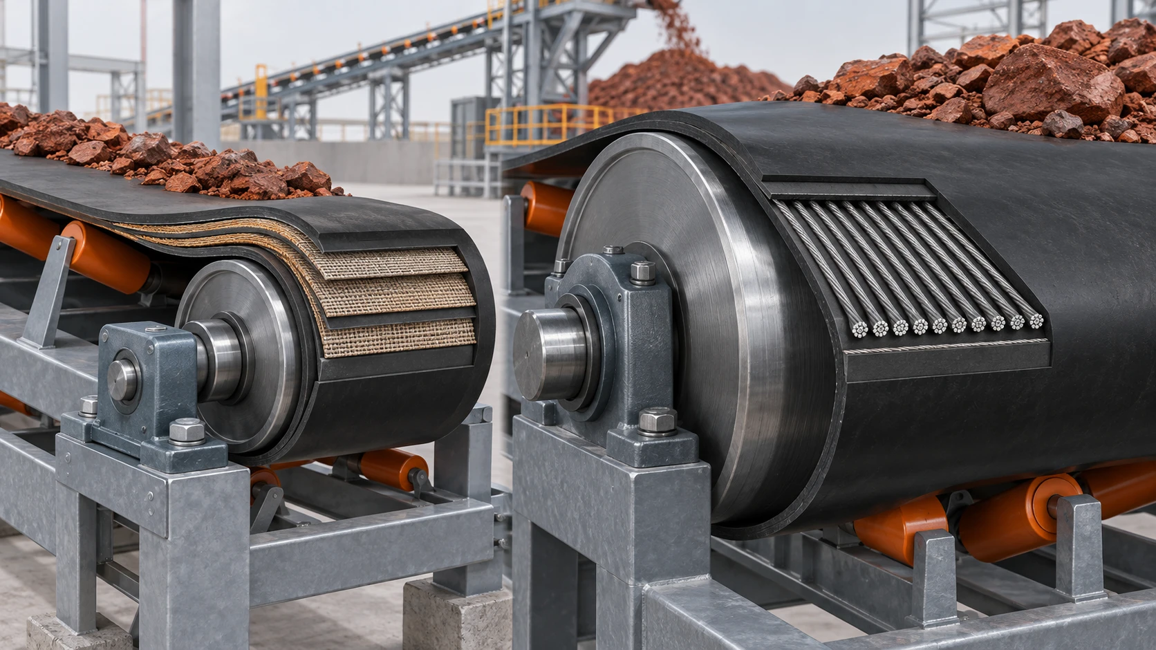 Fabric and steel cord conveyor belt carcasses shown around different pulley arrangements