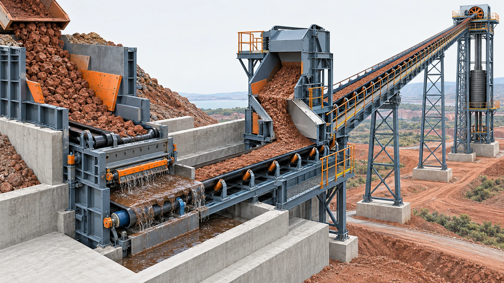 Bauxite conveyor duty zones showing coarse loading, wet cleanup, transfer impact and an overland take-up