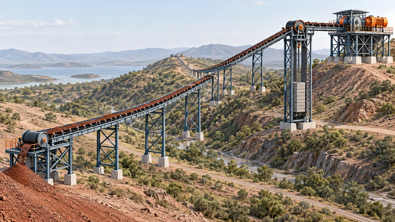 Bauxite overland conveyor with drive station, route profile and gravity take-up tower
