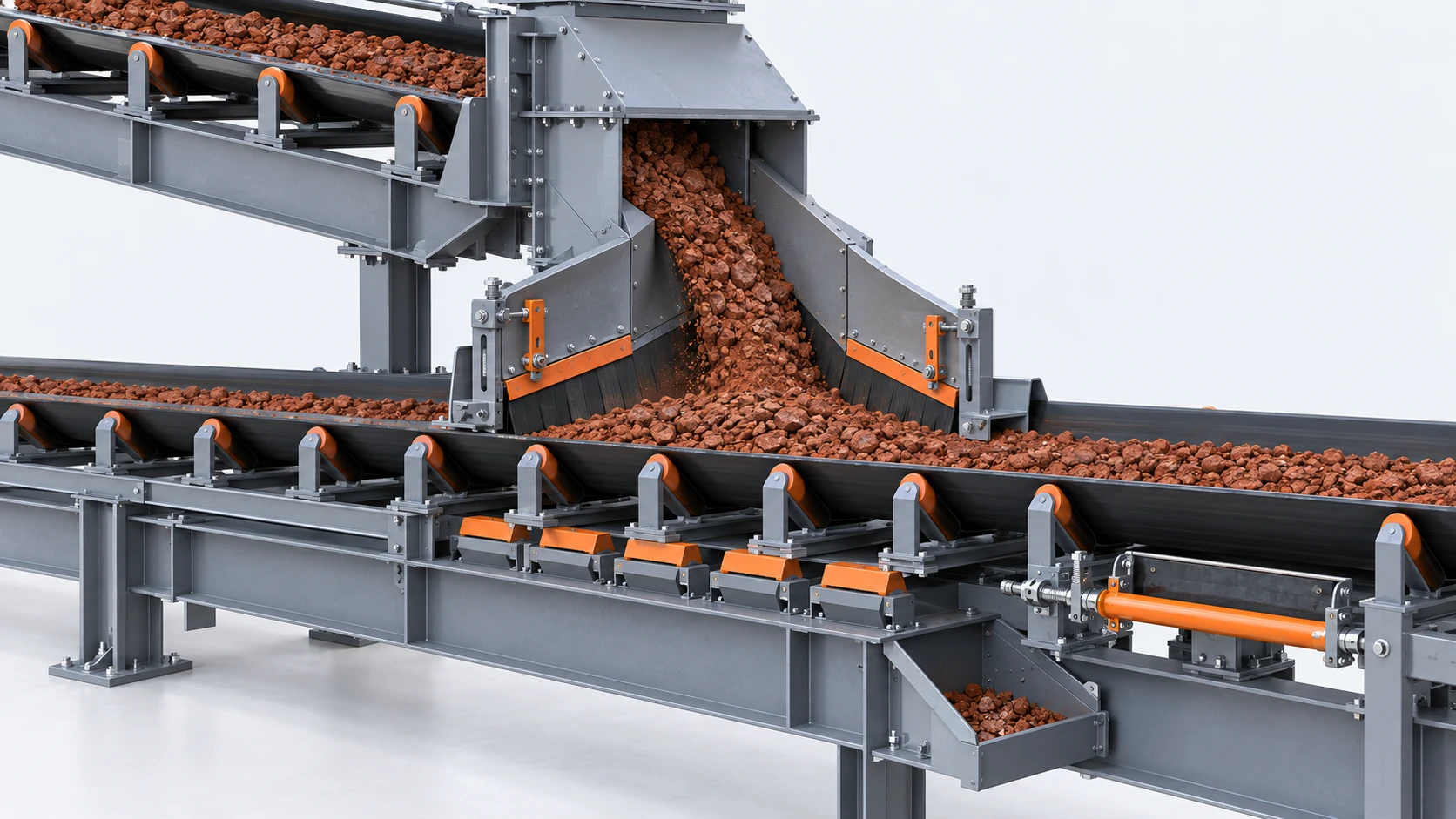 Enclosed bauxite transfer point with centred loading, skirt seals, impact support and dribble collection