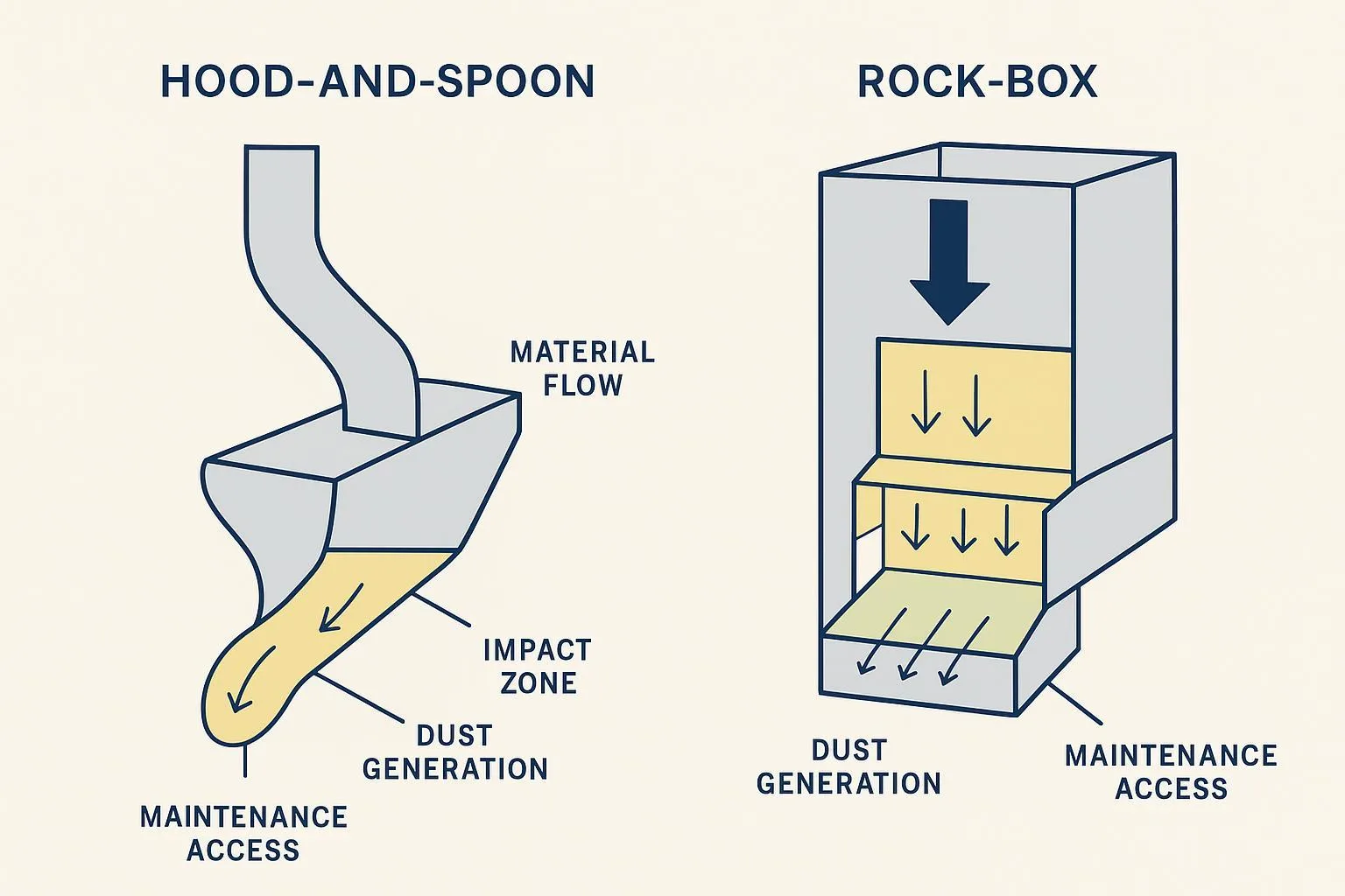 Comparison diagram of hood-and-spoon versus rock-box conveyor transfer chute geometries with flow arrows and labeled zones