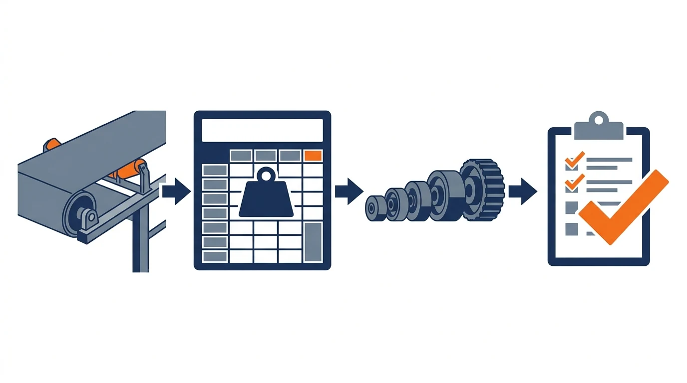 CEMA idler selection workflow from conveyor inputs through load screening to supplier validation