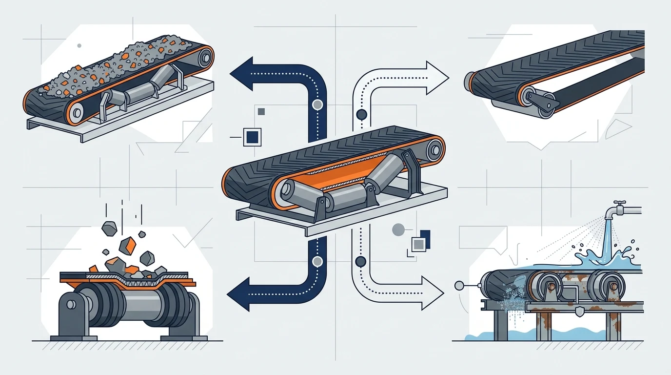 Conveyor idler selection branches for carry, return, impact and corrosive operating zones