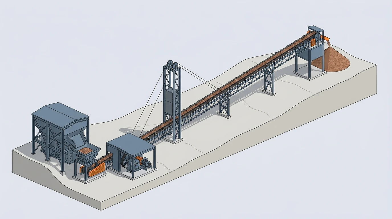 Overland copper ore conveyor with drive station and gravity take-up tower