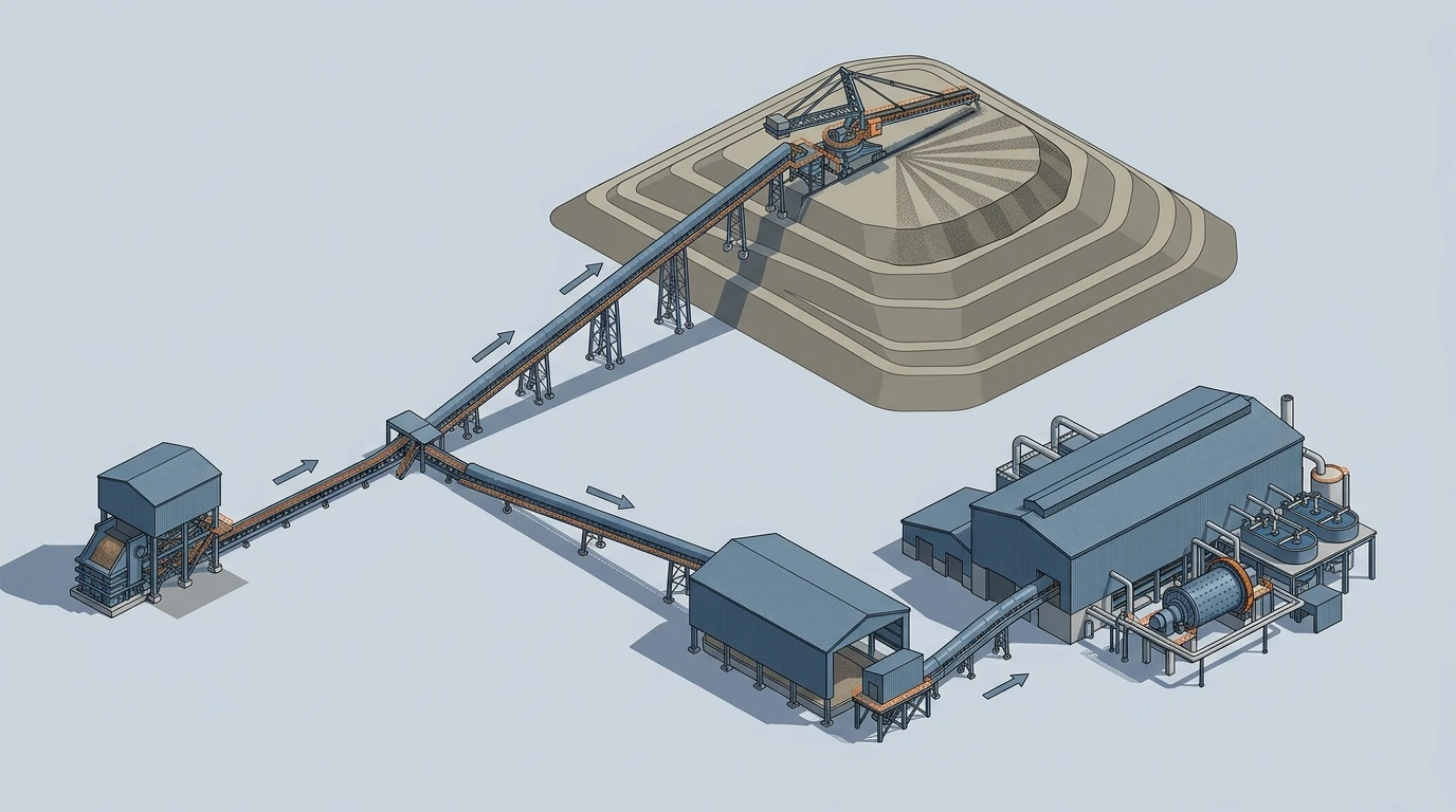 Copper mine conveyor route branching from crushing to heap leach and concentrator