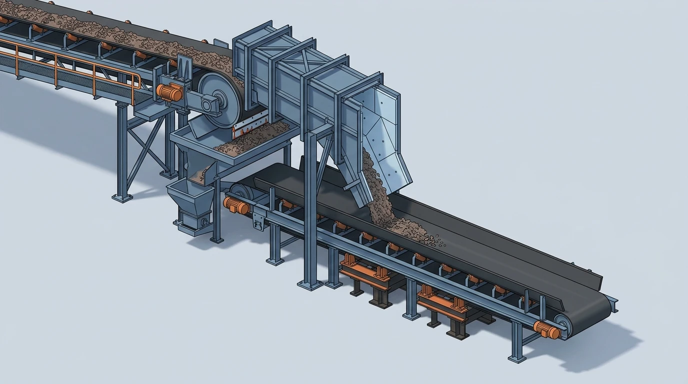 Copper ore transfer point with enclosed chute, impact support and belt cleaner