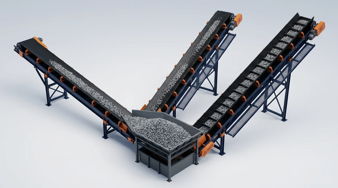 Decision branches for choosing smooth, chevron or corrugated-sidewall conveyor belts after material and layout checks