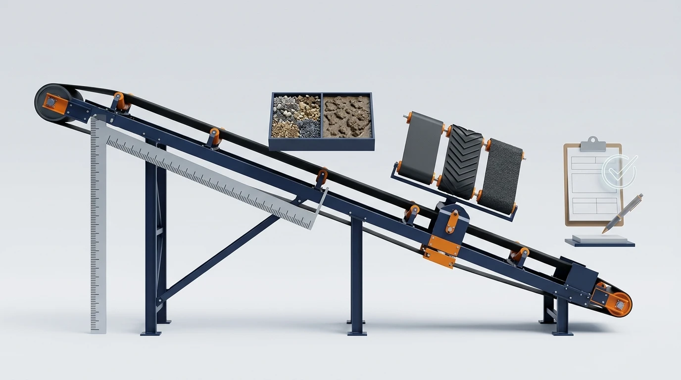 Incline-conveyor selection workflow from measured geometry through material validation to belt-type specification