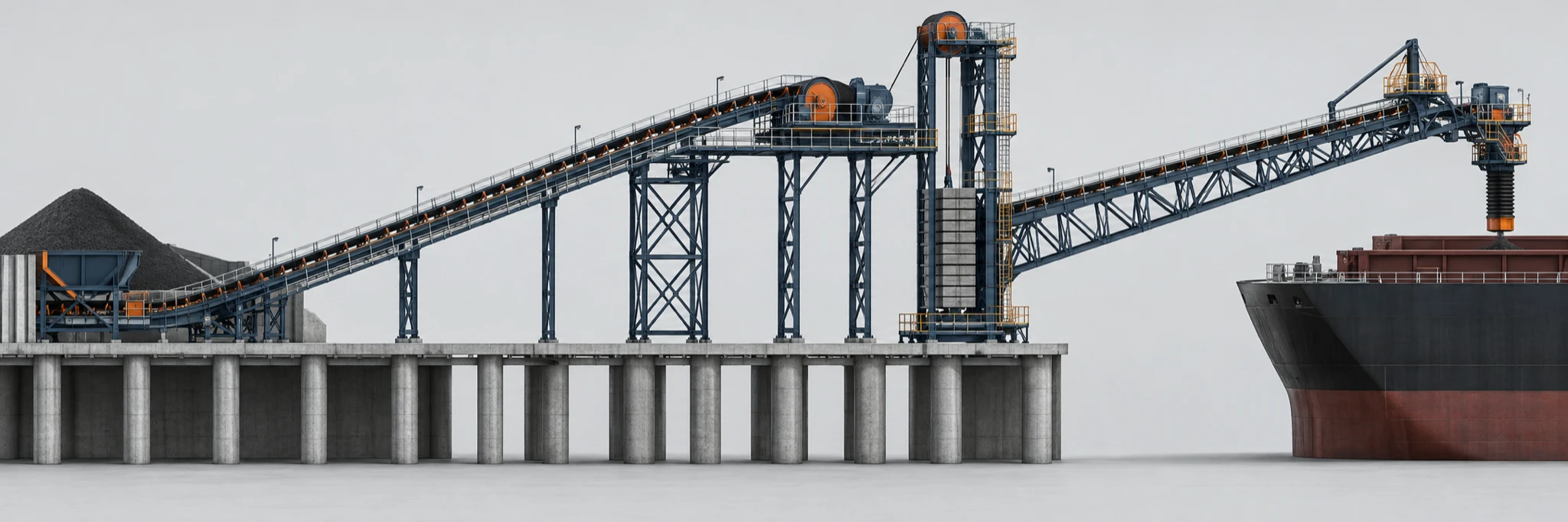 Port conveyor route with stockyard feed, drive station, gravity take-up and ship-loading boom