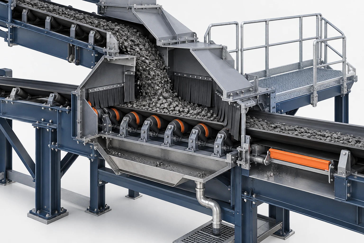 Port conveyor transfer point with centred loading, impact support, skirt seals and dribble collection