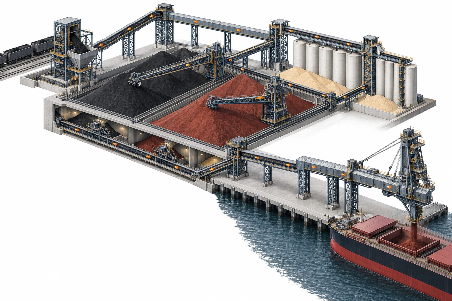 Port conveyor belt route showing receiving, stockyard, reclaim, berth and ship-loading zones