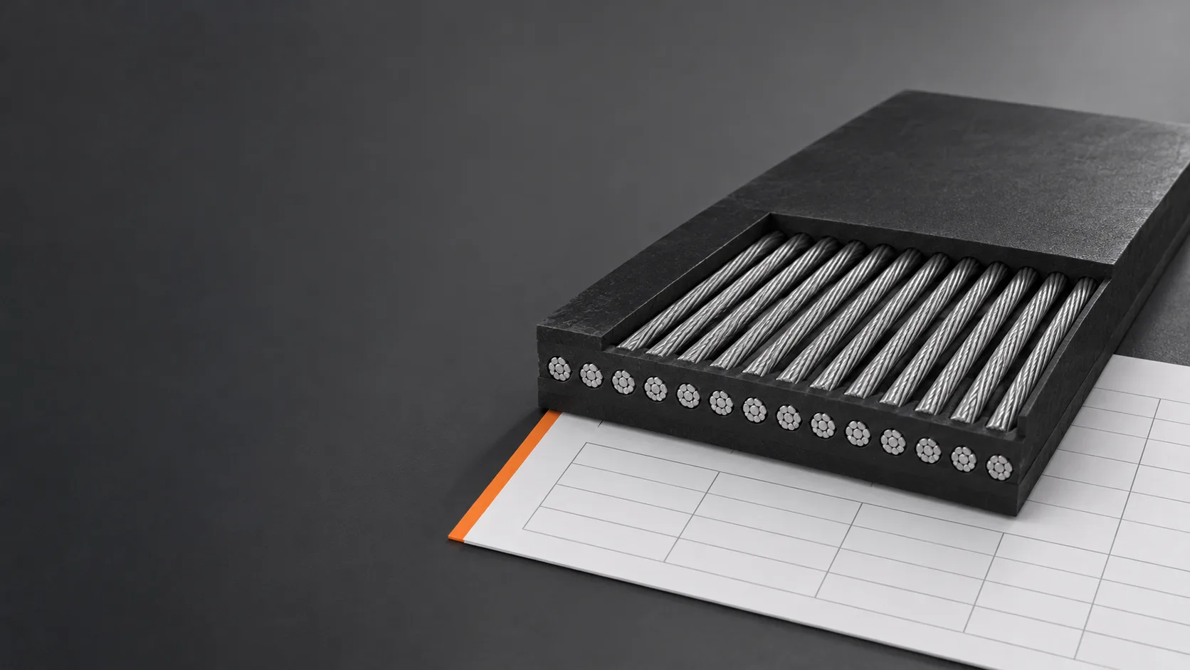 Conceptual cutaway of longitudinal steel cords within a rubber conveyor belt.