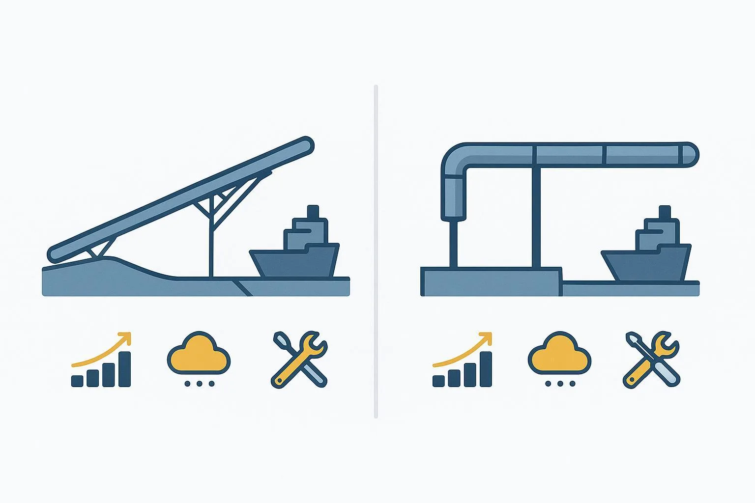 Diagrama comparativo de trayectorias overland vs. muelle con banda tubular encapsulada.