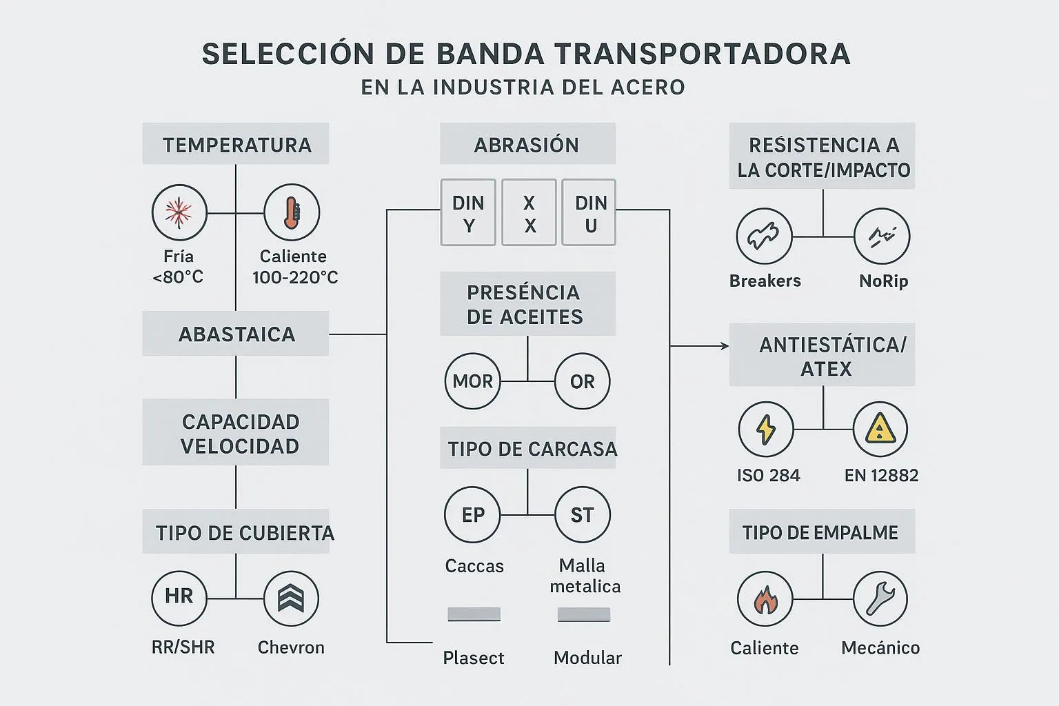Árbol de decisión para elegir bandas transportadoras en siderurgia.