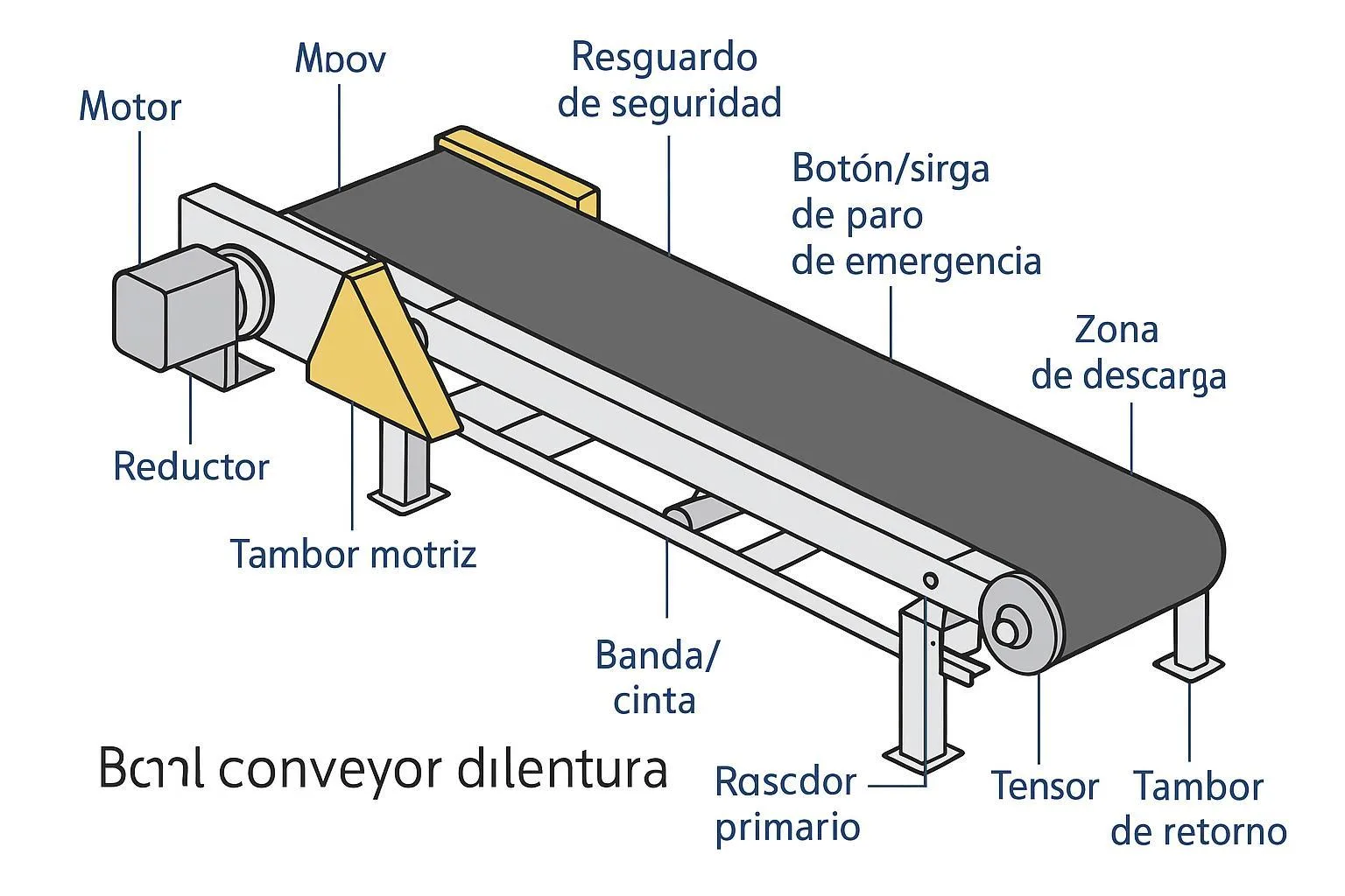 Diagrama anotado de un transportador de banda con componentes principales etiquetados en español