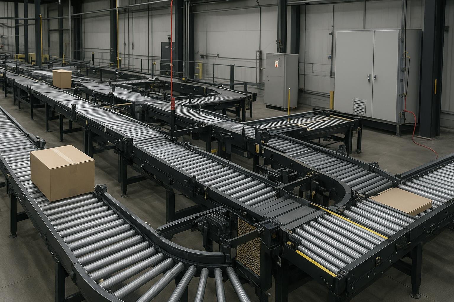 Modern zone-controlled conveyor lines with sensors and merge/divert module in a warehouse
