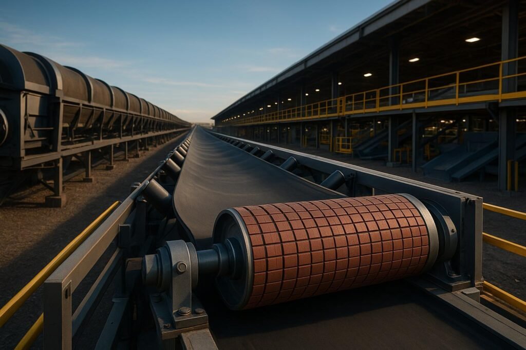 Modern multi-sector conveyor systems in operation: overland belt, enclosed port conveyor, and modular warehouse line.