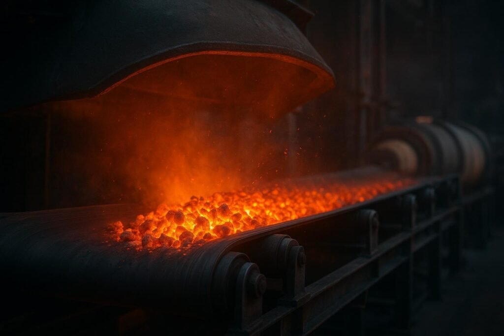 High-temperature conveyor belt transporting hot clinker under kiln hood