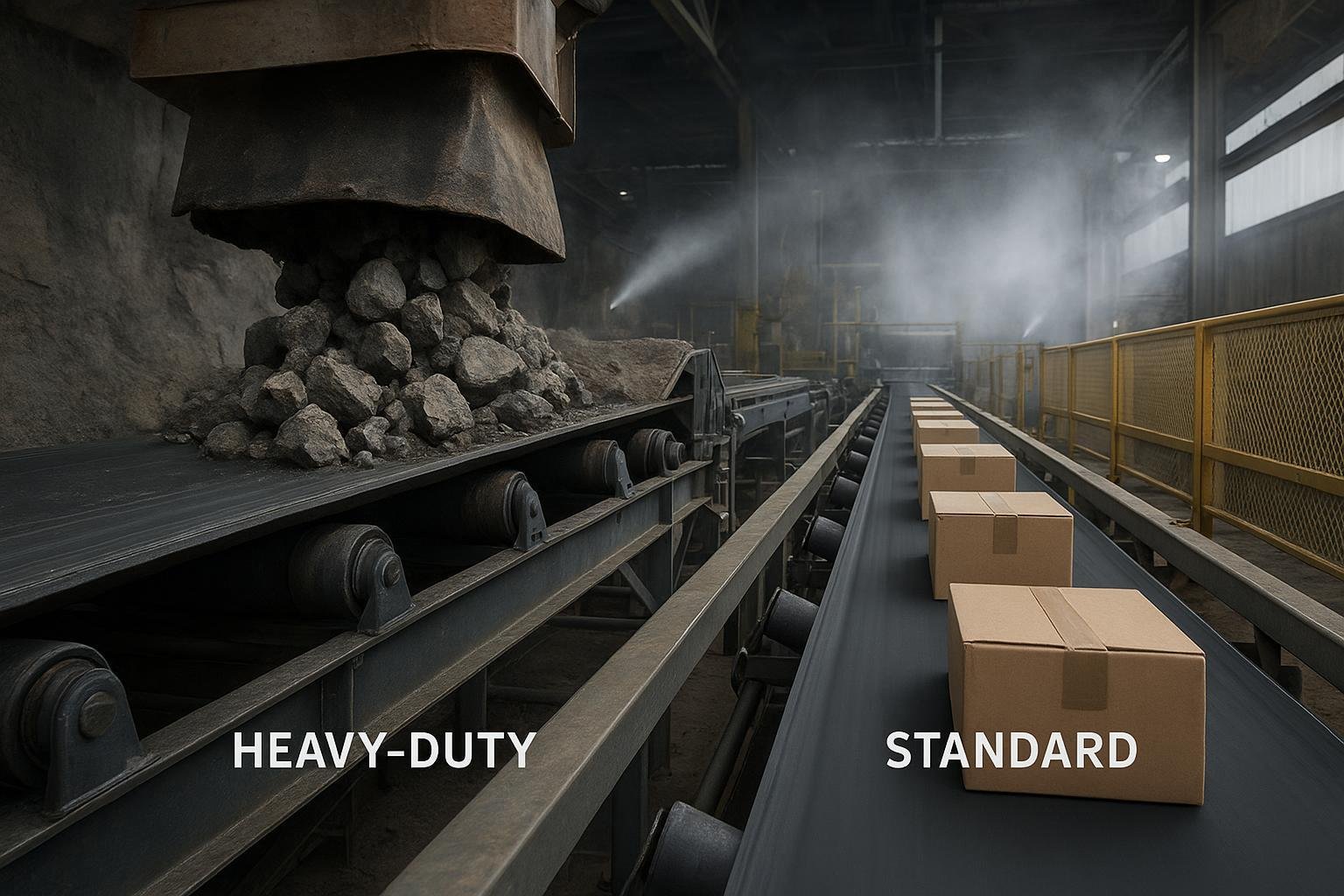 Side-by-side heavy-duty vs standard conveyor belts at a quarry transfer station