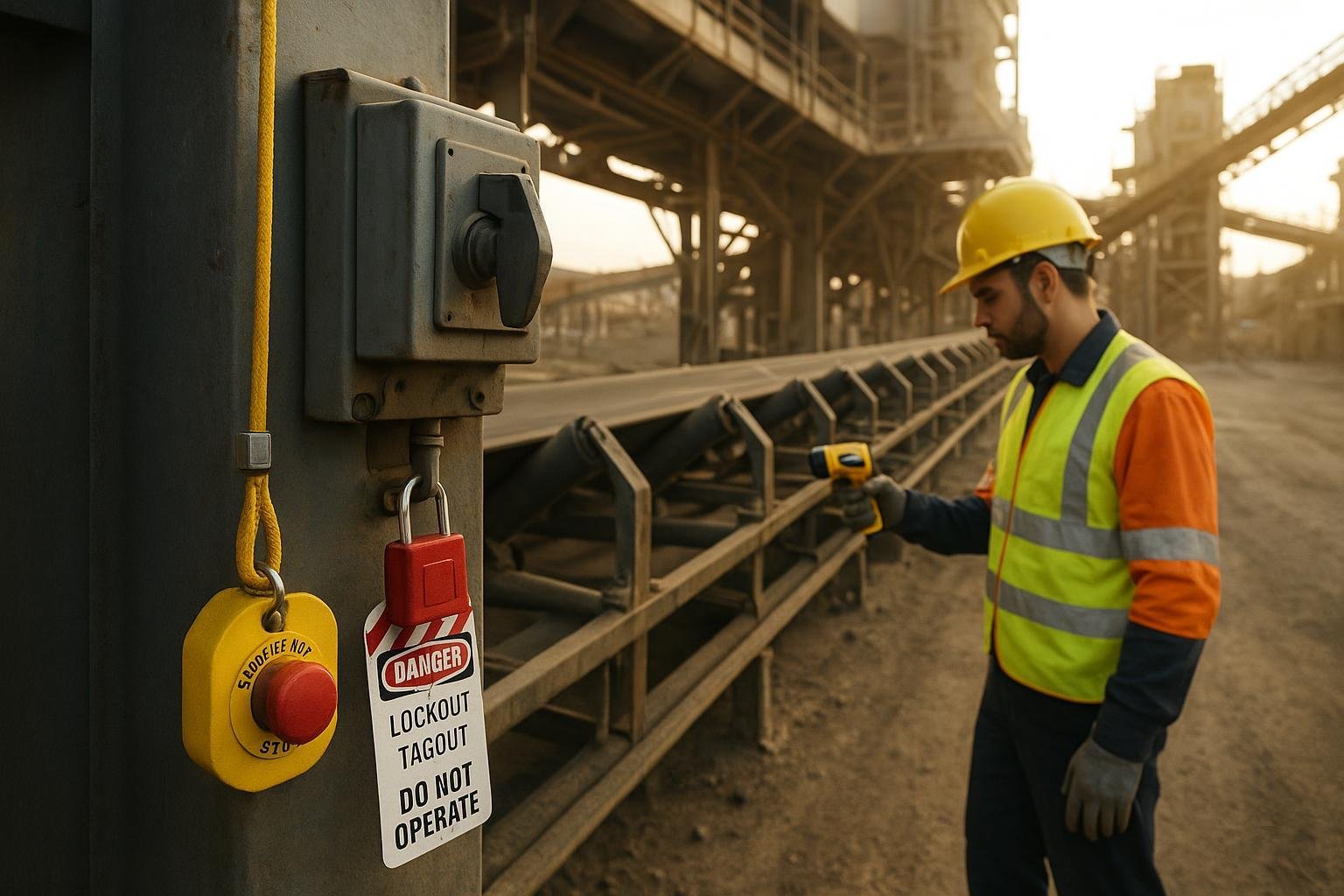 Maintenance technician performing infrared inspection on an industrial conveyor with visible LOTO tags and emergency stop pull-cord.