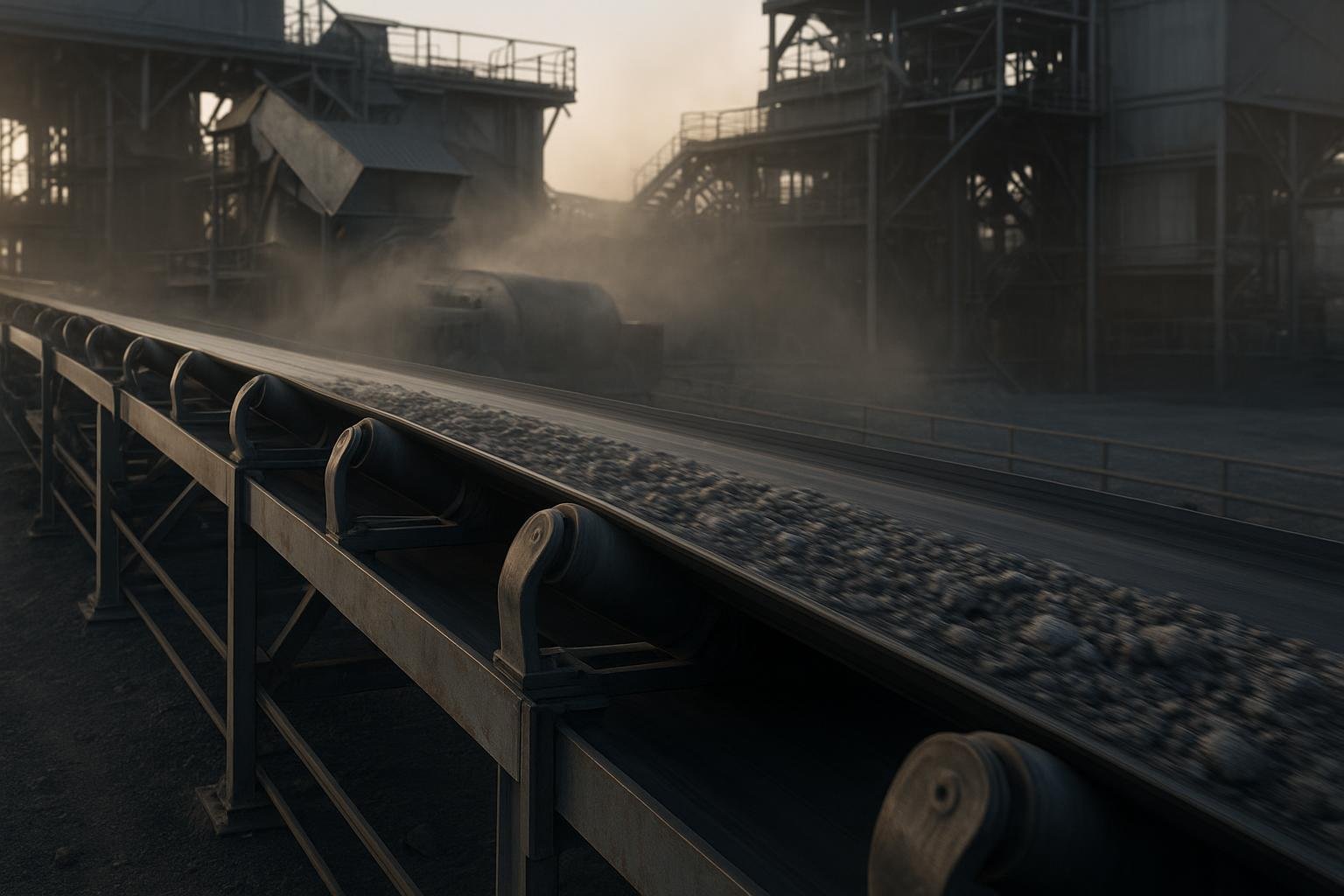 Heavy-duty conveyor belt in motion transporting ore, illustrating belt speed in an industrial plant