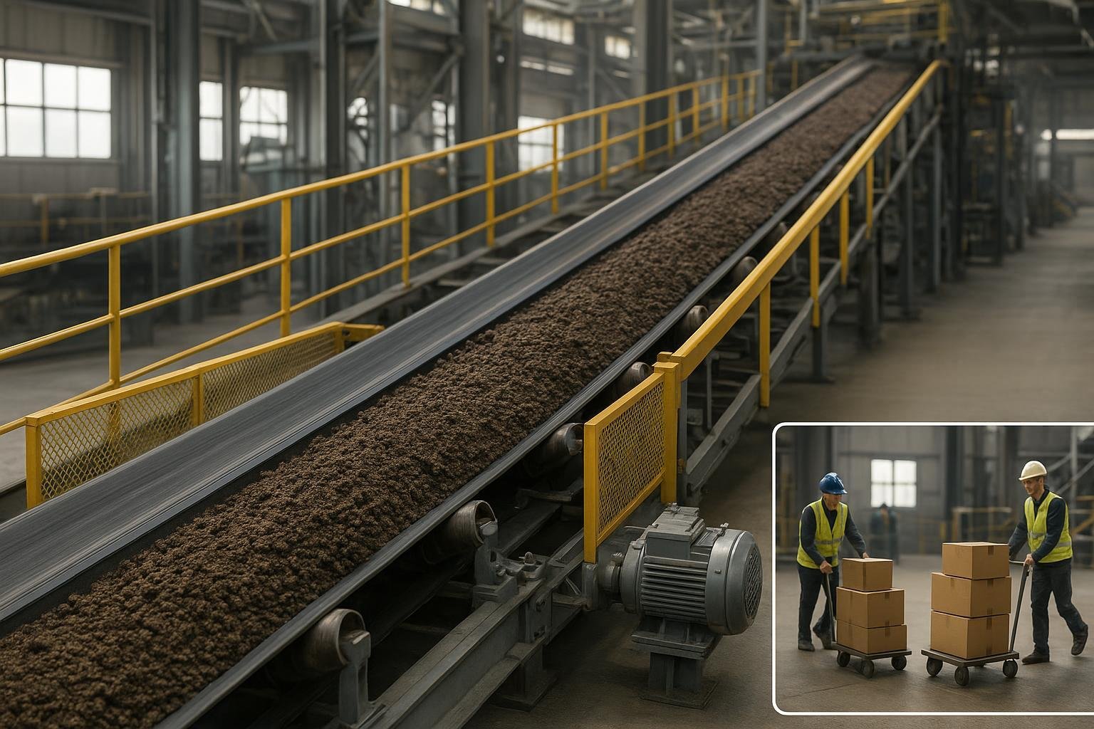 Belt conveyor moving bulk material in an industrial plant, contrasted with manual material handling vignette