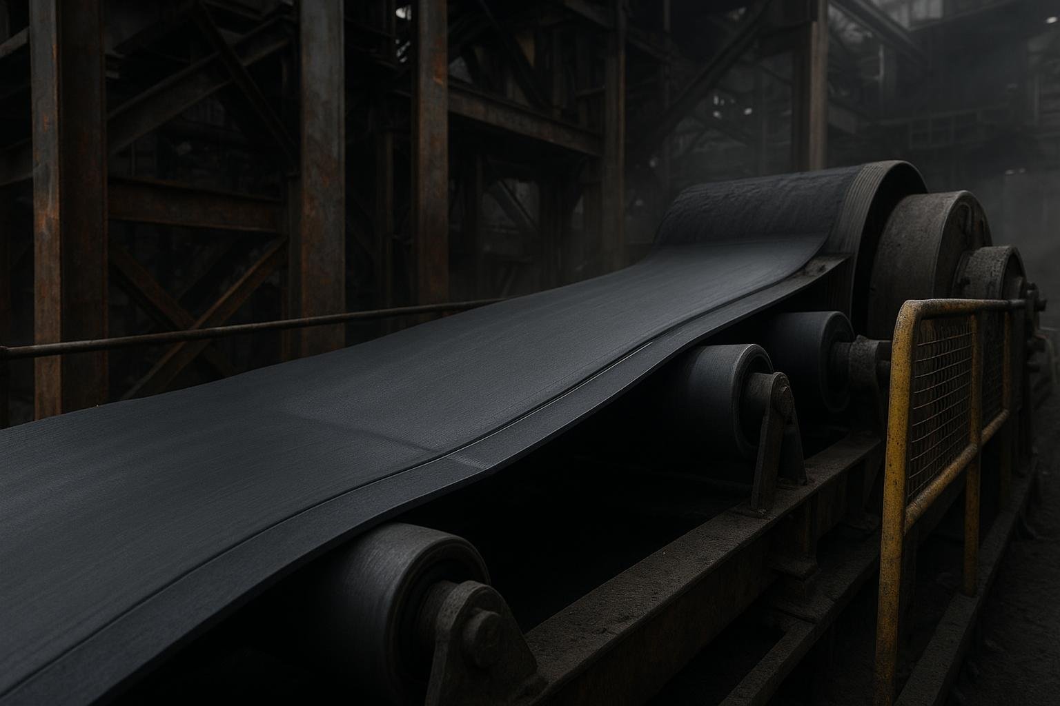 Close-up of a conveyor belt splice in a heavy-duty industrial plant.