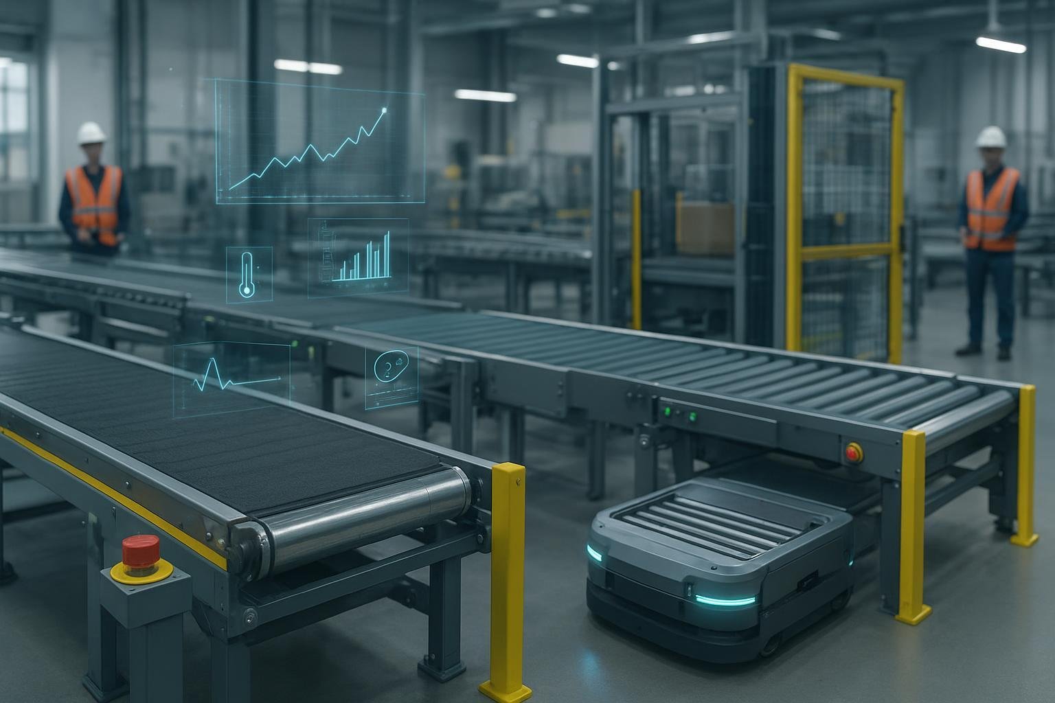 Modern factory conveyor line with IoT sensors, MDR zones, and an AMR at a guarded transfer station