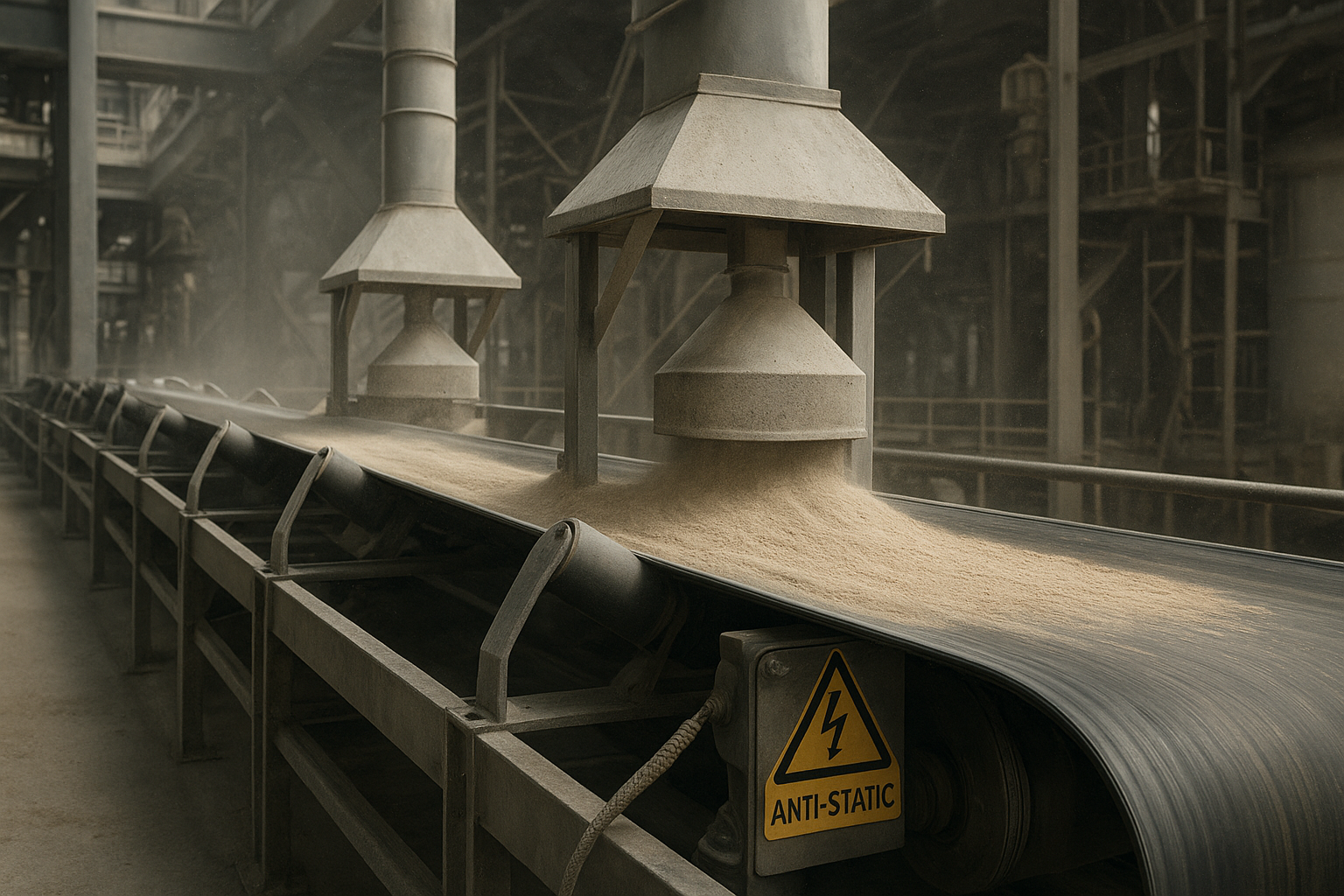 Промышленный конвейер с антистатическими мерами и заземляющей лентой на предприятии с повышенной запыленностью