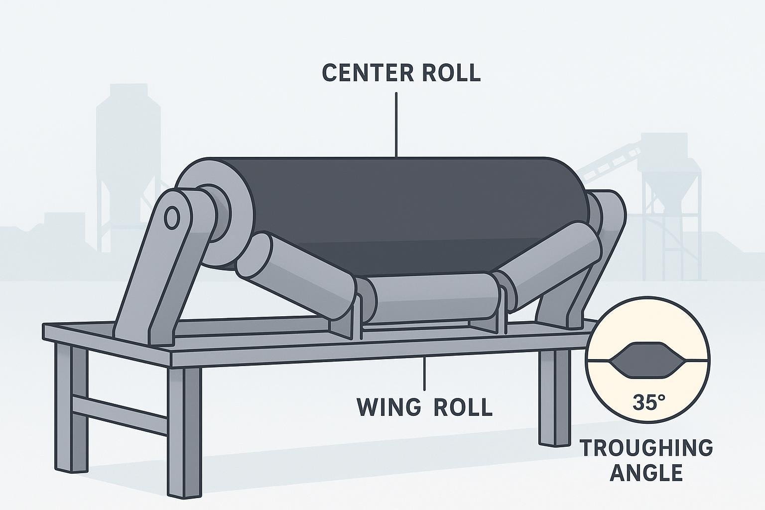 Illustration of a three-roll troughing idler forming a 35° U-shaped belt profile with labeled parts