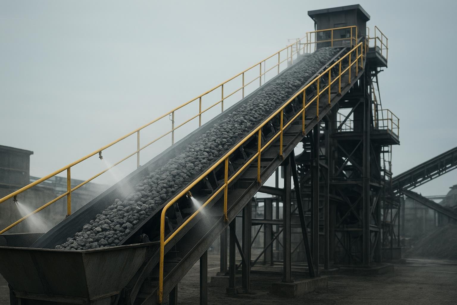 Steep-incline corrugated sidewall conveyor belt lifting crushed stone in a compact plant