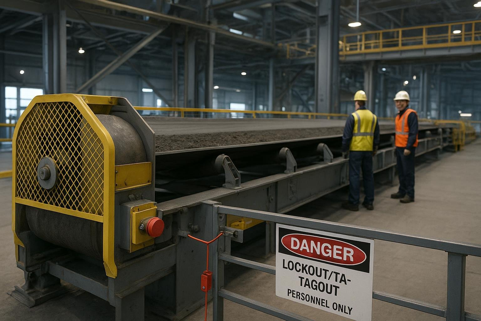 Guarded belt conveyor with pull-cord emergency stop and LOTO signage in an industrial plant