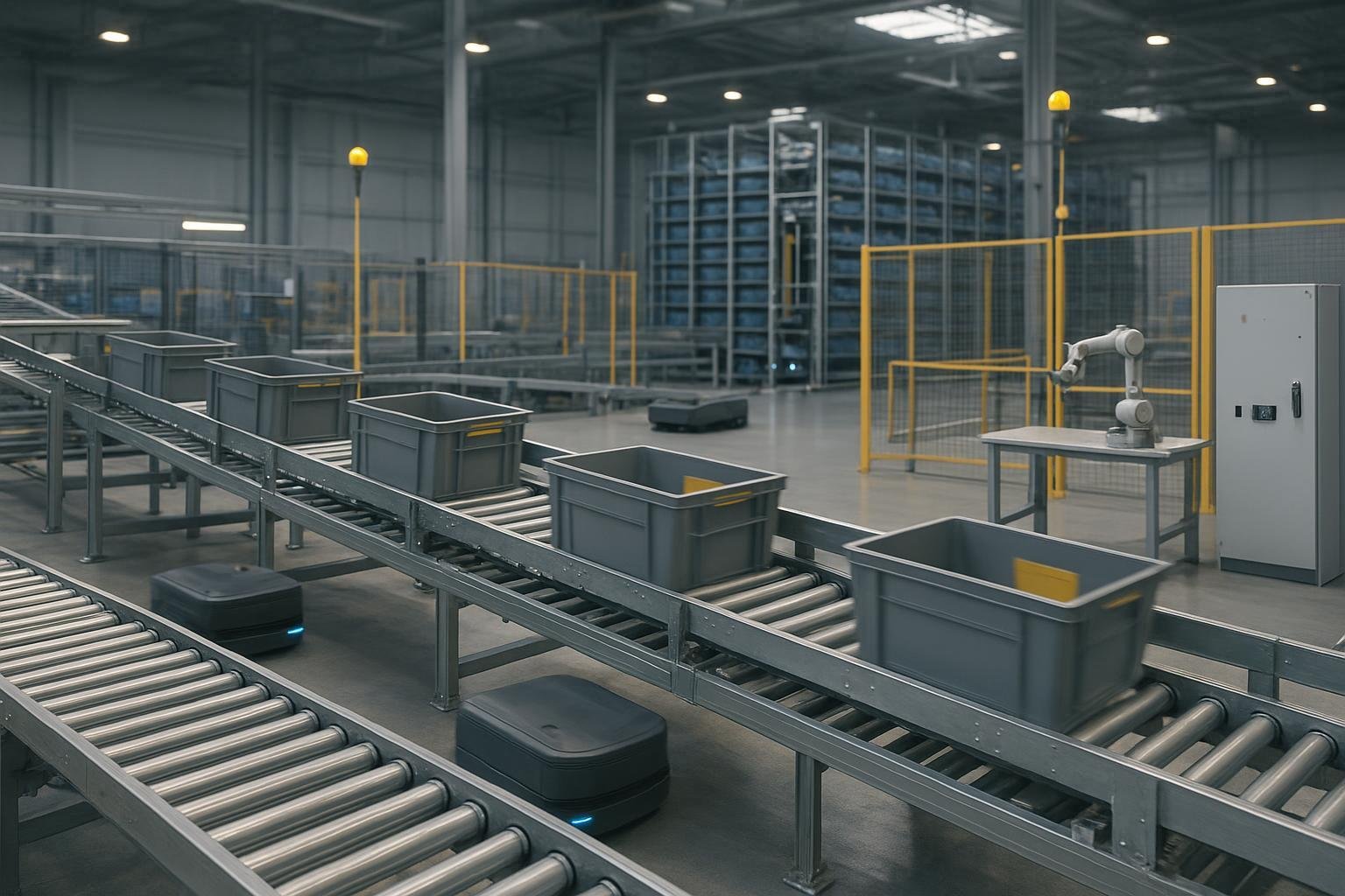 ناقلات المستودعات الحديثة المدمجة مع ماكينات نقل الحركة الآلية (AMRs) و AS/RS وخلية روبوت