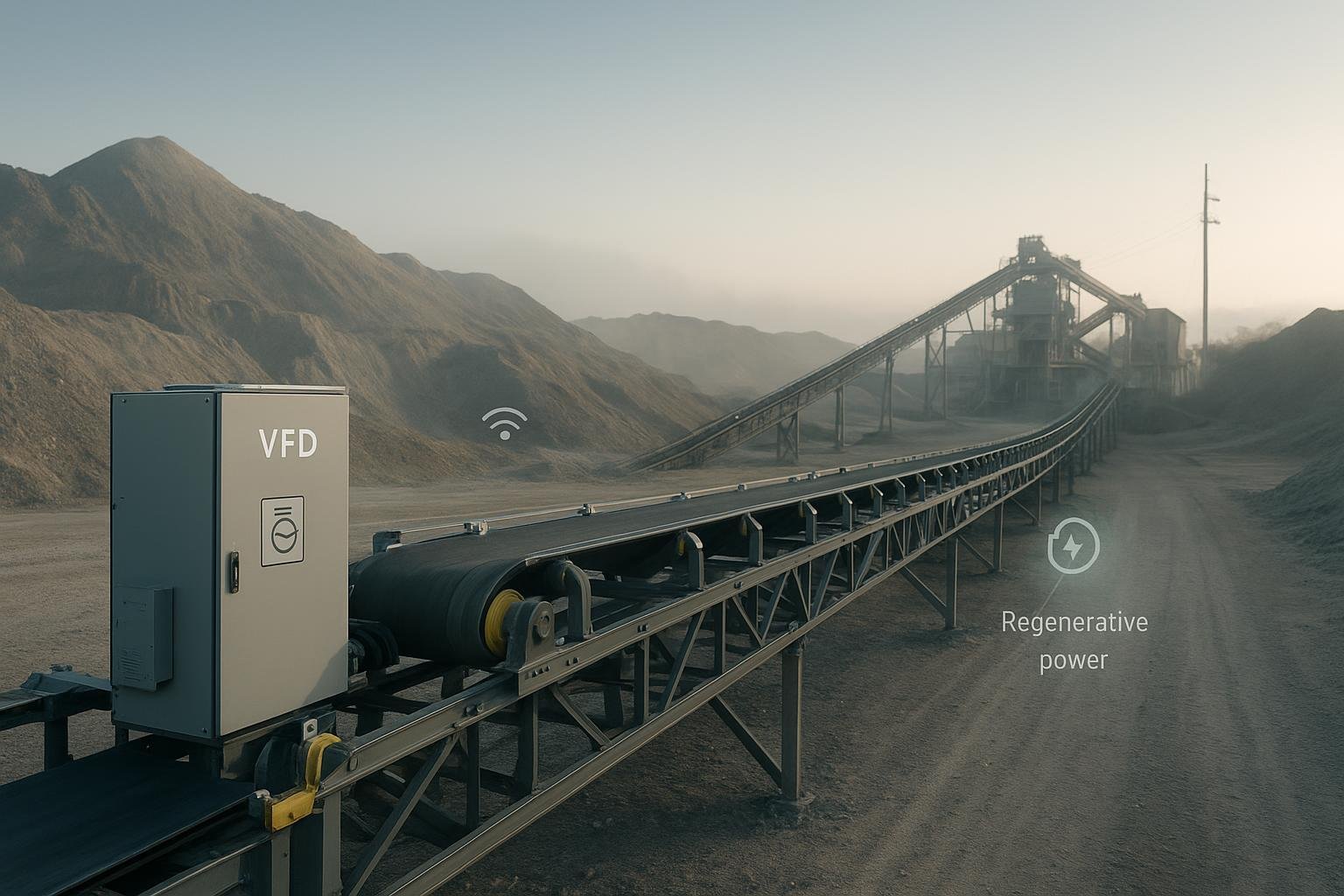 Overland conveyor with VFDs, MDR accumulation, sensors, and regenerative power flow in an industrial quarry setting