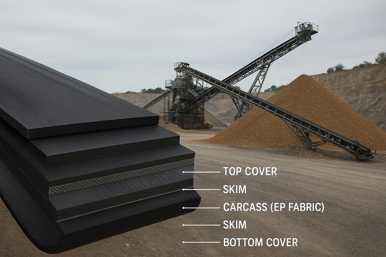Close-up of conveyor belt cross-section layers with a quarry conveyor in the background
