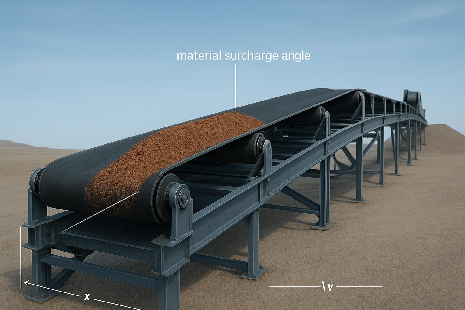 Troughed belt conveyor with idlers and bulk load, showing variables for basic load calculations