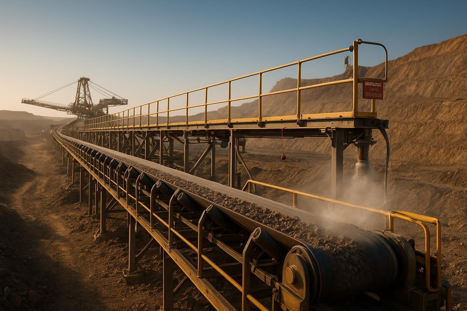 Overland mining conveyor carrying ore across an open pit with guarding and emergency stops visible