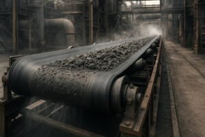 Heavy-duty belt conveyor in a steel/cement plant with idlers and drive pulley