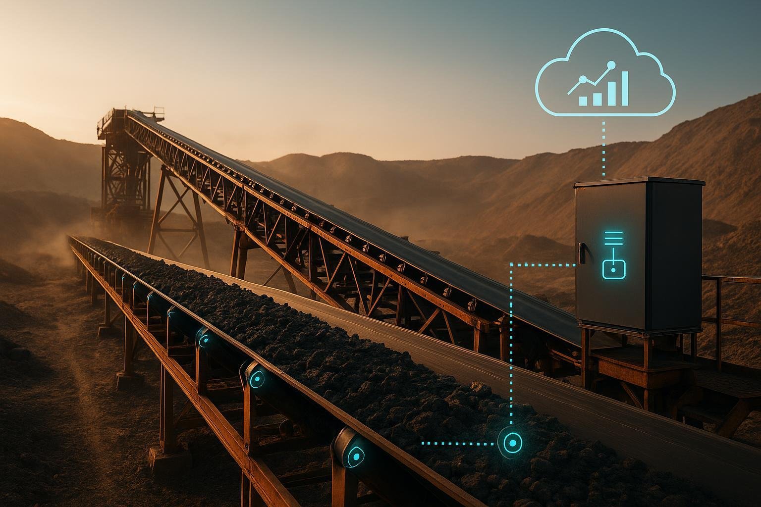 Industrial conveyor with IoT sensor overlays connecting to edge and cloud analytics