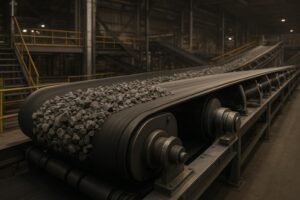 Factory conveyor belt with troughing idlers moving aggregate in a modern industrial setting