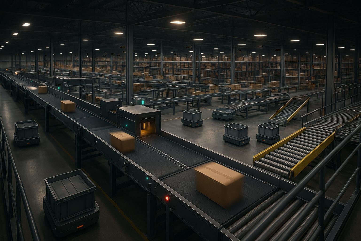 Automated sorting line with cross-belt conveyor, scan tunnels, diverter chutes, and AMRs in a modern distribution center