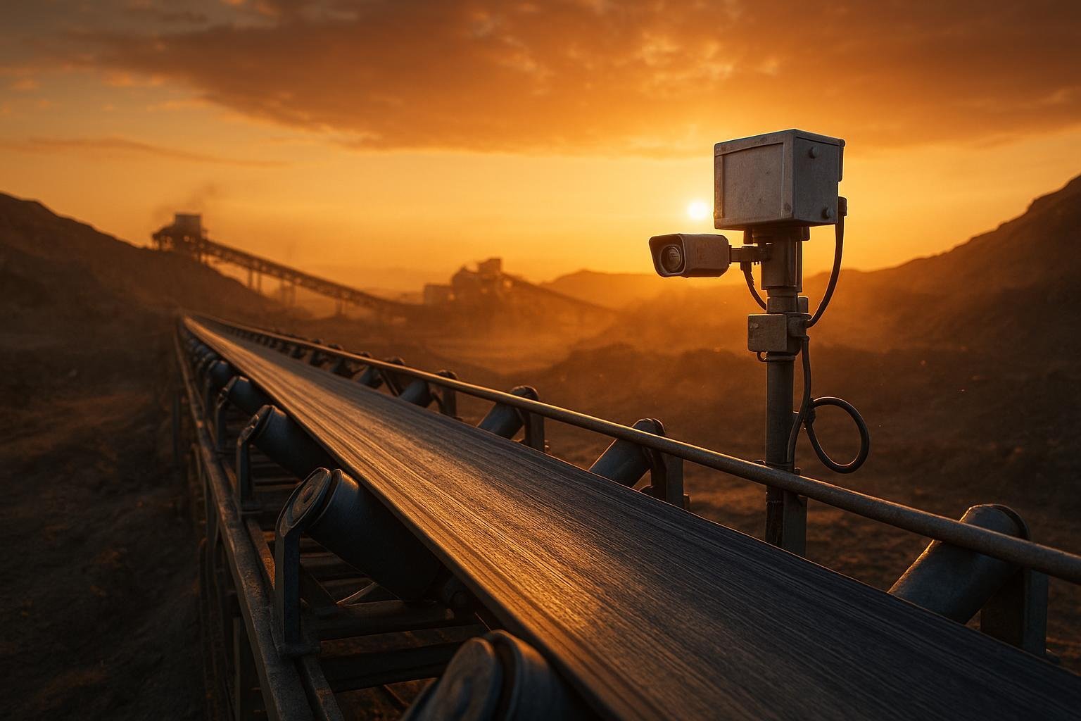 Overland mining conveyor with steel-cord belt and sensors at sunset