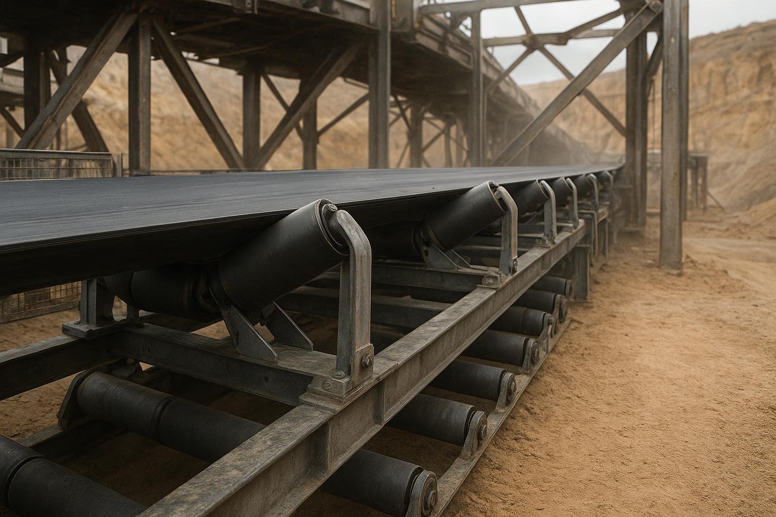 Photorealistic quarry conveyor with troughing idlers and return rollers visible under the belt