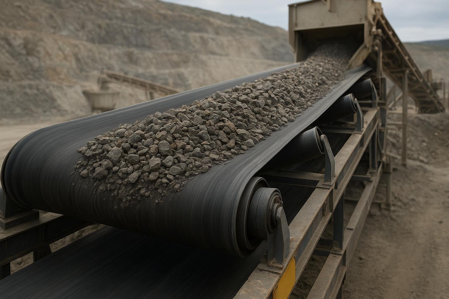 Troughed belt conveyor carrying crushed stone with visible three-roll idlers and surcharge profile