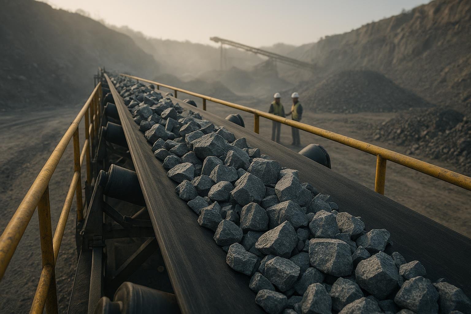 Heavy-duty conveyor belt carrying abrasive rock in a quarry, highlighting the belt cover surface for abrasion resistance.