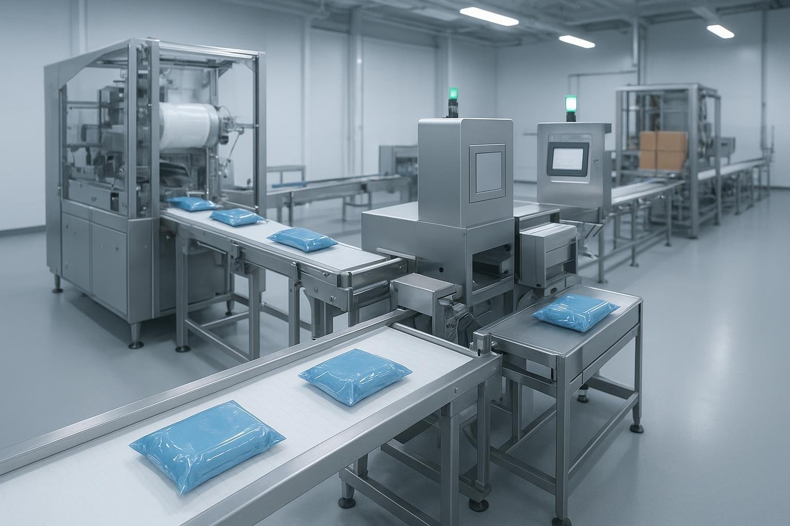 Sanitary food packaging line with conveyors across primary, inspection, and end-of-line stations