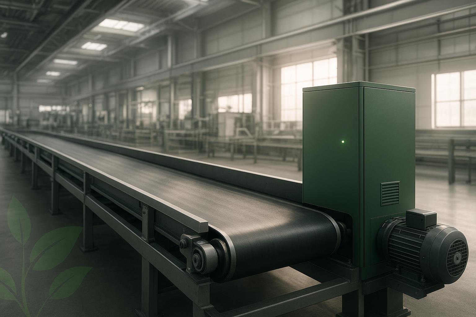 Energy-efficient conveyor system in a modern plant with VFD and high-efficiency motor