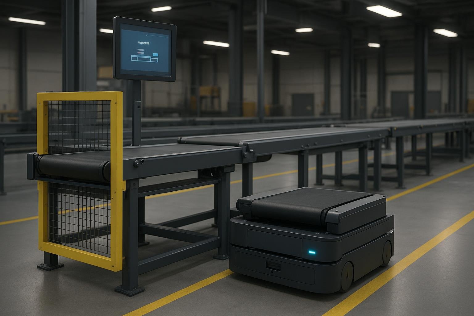 AMR docking with a conveyor belt in a modern robotic facility