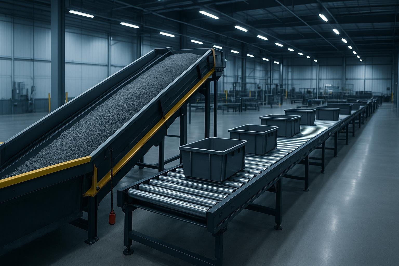Belt conveyor moving bulk material alongside a modular MDR roller conveyor line in a modern guarded facility