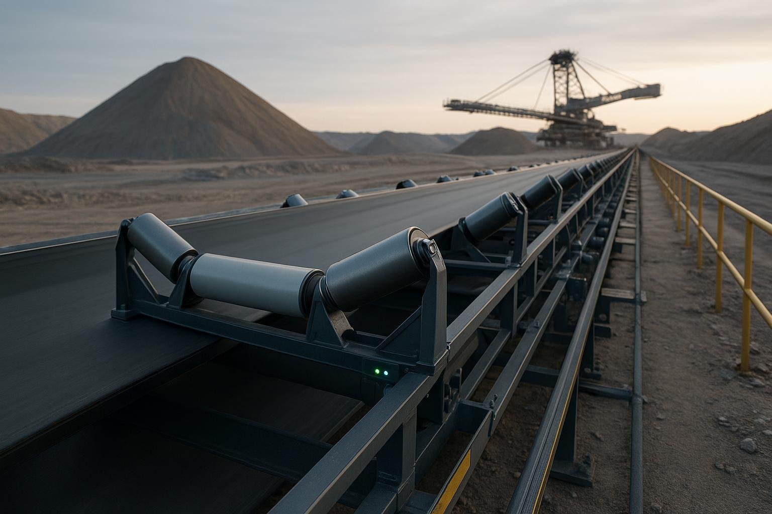 Conveyor idlers in a quarry, mixing steel and UHMWPE rollers with subtle smart monitoring indicators